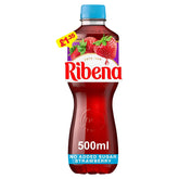 A 500ml bottle of Ribena Strawberry Juice Drink with no added sugar, blue cap, strawberry-themed label, and a £1.35 price tag.